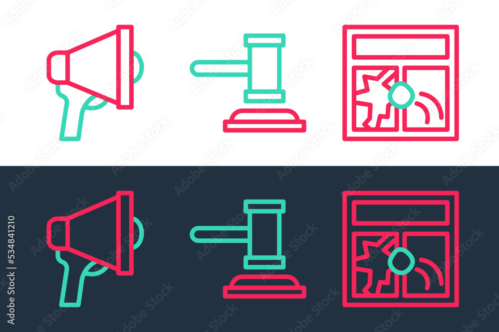 Poster set line broken window, megaphone and judge gavel icon. vector