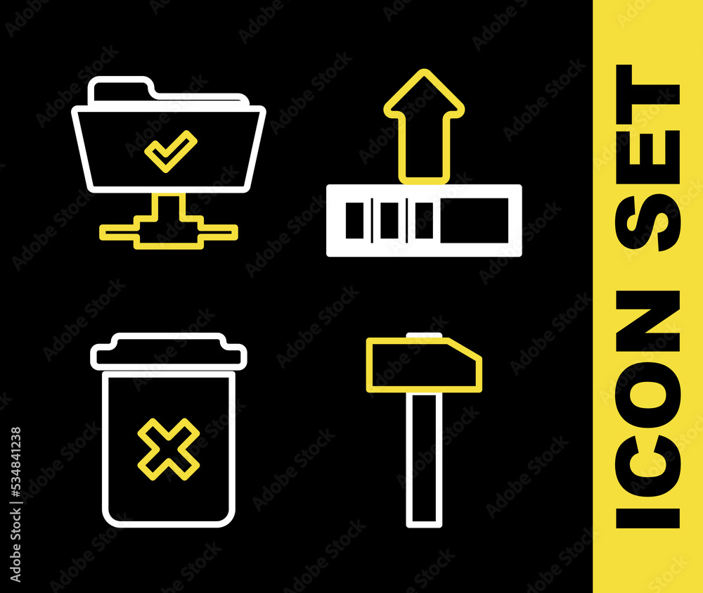 Poster set line loading, hammer, trash can and ftp operation successful icon. vector