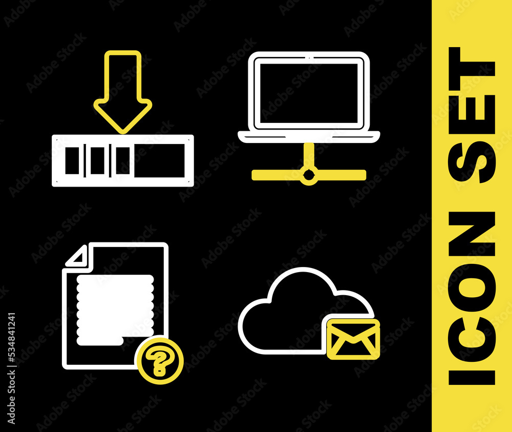 Poster set line computer network, cloud mail server, unknown document and loading icon. vector