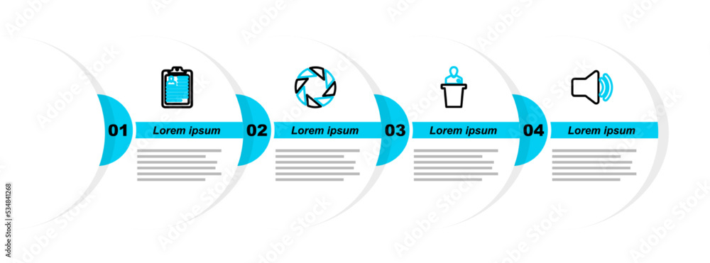 Poster set line speaker volume, camera shutter and clipboard with resume icon. vector