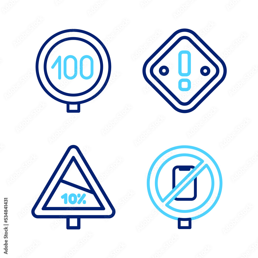 Poster set line no cell phone, steep ascent and descent road, exclamation mark in triangle and speed limit 