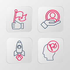 Set line Hand holding flag, Rocket ship, for search people and icon. Vector