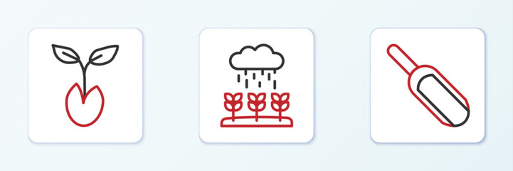 Set line Scoop flour, Sprout and Plant sprouts grow in the rain icon. Vector