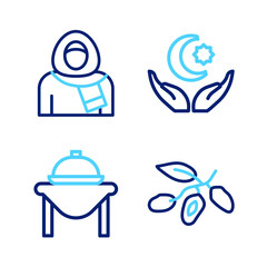 Set line Date fruit, Table food, Star and crescent and Muslim woman in hijab icon. Vector