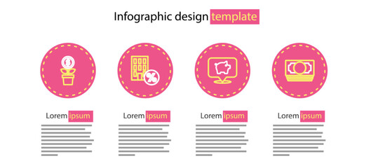 Set line Piggy bank, Stacks paper money cash, House with percant discount and Dollar plant icon. Vector