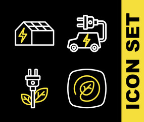 Set line Electric car, Location with leaf, saving plug in and Solar energy panel icon. Vector