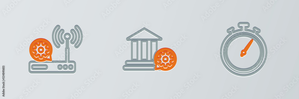 Poster set line stopwatch, router and wi-fi setting and bank building icon. vector