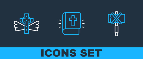 Set line Medieval axe, Christian cross and Holy bible book icon. Vector