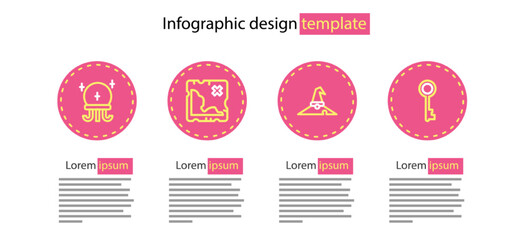 Set line Witch hat, Old key, Pirate treasure map and Magic ball icon. Vector