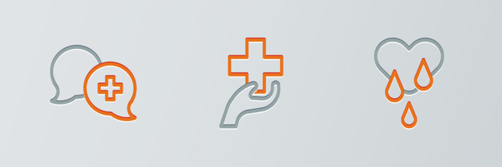 Fototapeta premium Set line Blood donation, Dialogue with doctor and Heart cross icon. Vector