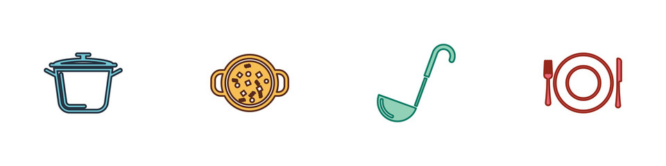 Set Cooking pot, soup, Kitchen ladle and Plate, fork and knife icon. Vector
