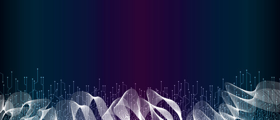 Geometric graphic connection blue and purple vector background. Lines dots vector illustration. Futuristic digital network concept. Tech blue and purple background with dots of light