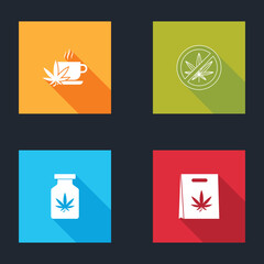 Set Cup tea with marijuana, Stop, Medical bottle and Shopping bag of icon. Vector