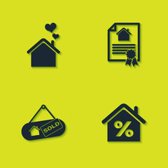 Set House with heart shape, percant, Hanging sign Sold and contract icon. Vector