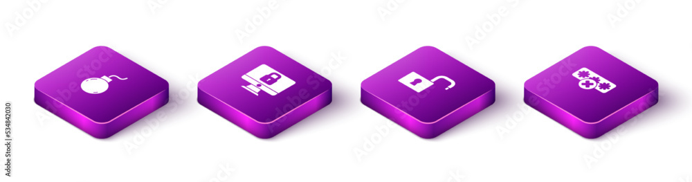 Poster set isometric bomb ready to explode, lock on computer monitor, open padlock and password protection 