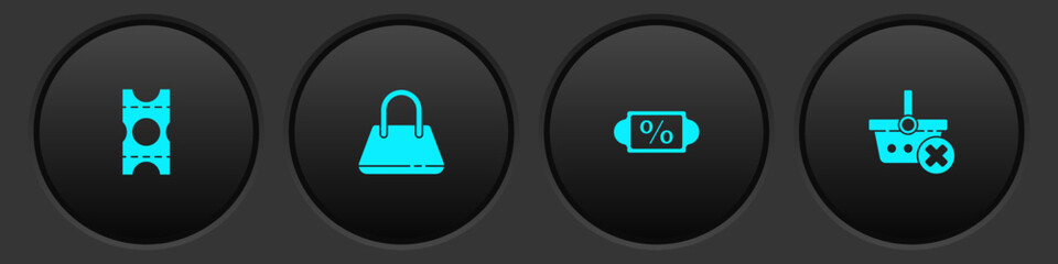 Set Coupon, Handbag, Discount percent tag and Remove shopping basket icon. Vector