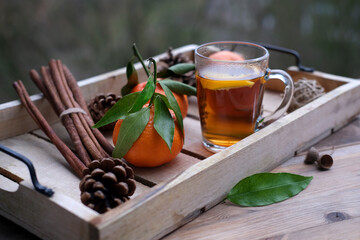 glass glass of hot tea on a tray, delicious vitamin tangerines with leaves, cinnamon sticks, pine cones, cozy mood, concept vacation, weekend in nature, breakfast on the terrace