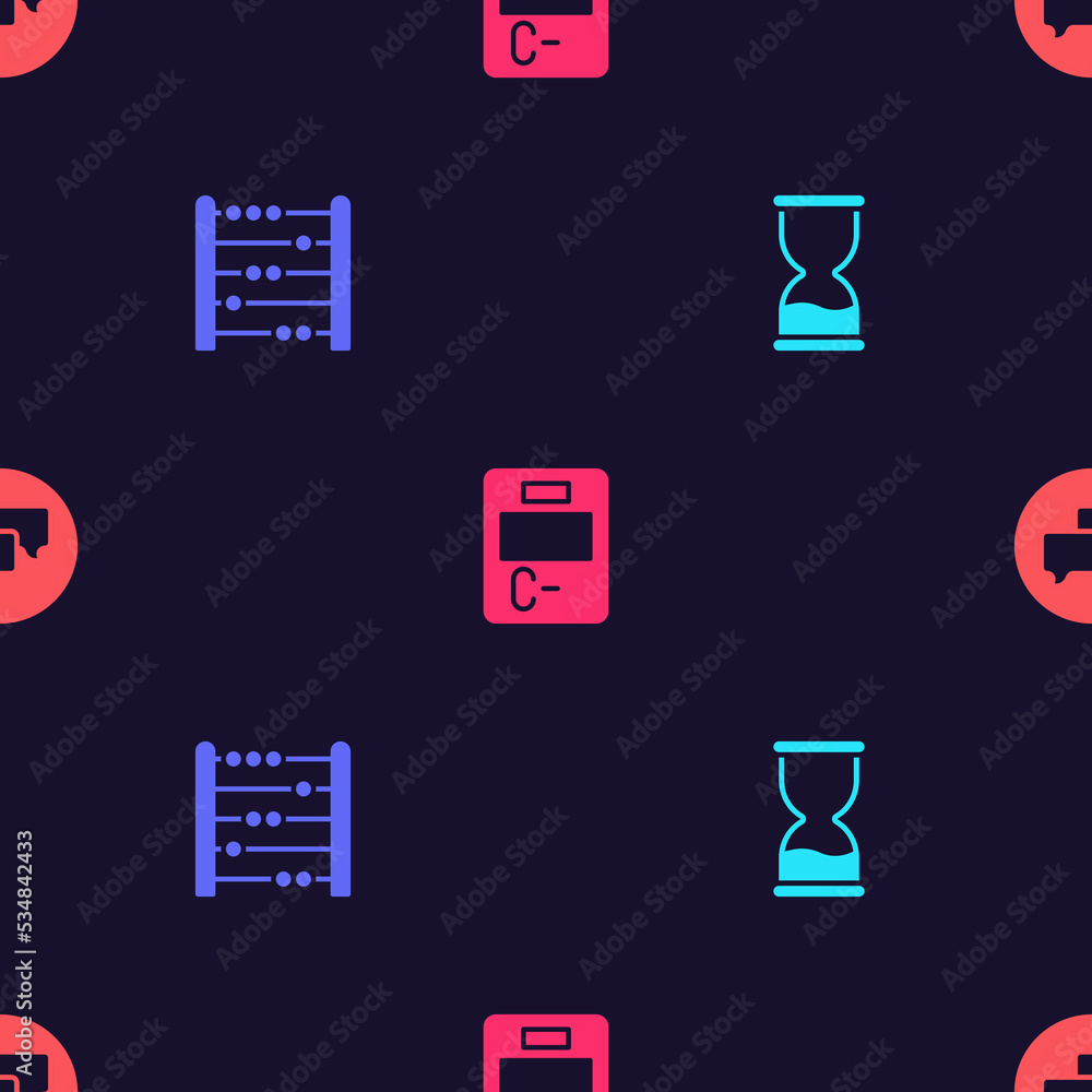 Poster set old hourglass, abacus, exam paper with incorrect answers and speech bubble chat on seamless patt