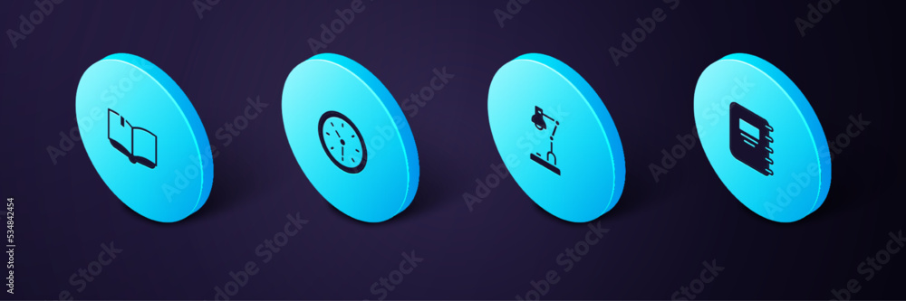 Poster set isometric notebook, table lamp, clock and open icon. vector