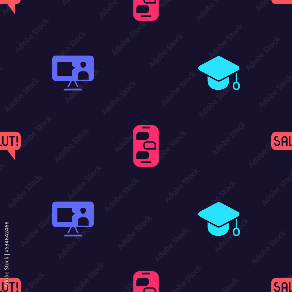 Poster set graduation cap, foreign language online study, new chat messages notification and salut differen