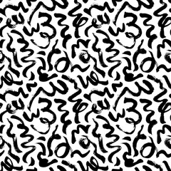 Seamless pattern with chaotic curly lines. Messy doodles, bold curvy lines ornament. Hand drawn monochrome vector pattern. Black grunge brush strokes, swirls, bold curls. Chaotic scribbles.