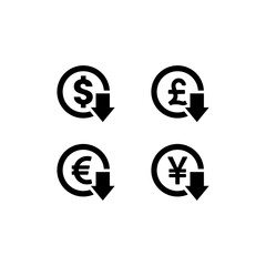 Euro Down Icon, Dollar Down Icon, Yen Down Icon On White Background. Decreasing value of euro. Cost reduction icon concept isolated on white background. Vector illustration.