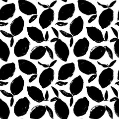 Hand-drawn lemons silhouettes seamless pattern. Black grunge lemons. Decorative background with citrus fruits hand-drawn with a dry brush. Summer textile design. Simple sketch fruits with leaves.