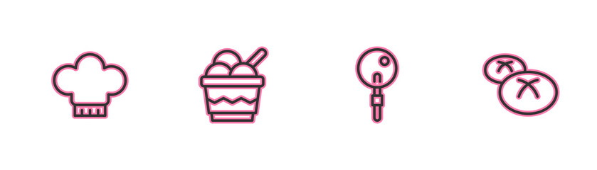 Set line Chef hat, Lollipop, Ice cream in bowl and Bread loaf icon. Vector