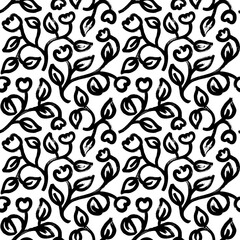 Flower vintage seamless pattern with tulips on curved stems. Hand drawn vector baroque ornament. Decorative floral elements. Naive and sketchy style. Brush drawn retro monochrome pattern. 