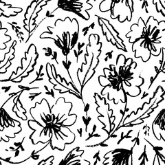 Aster or magnolia vector seamless pattern. Hand drawn ornament in oriental, Indian style. Black and white abstract botanical seamless pattern. Dry brush style floral motives, charcoal strokes. 