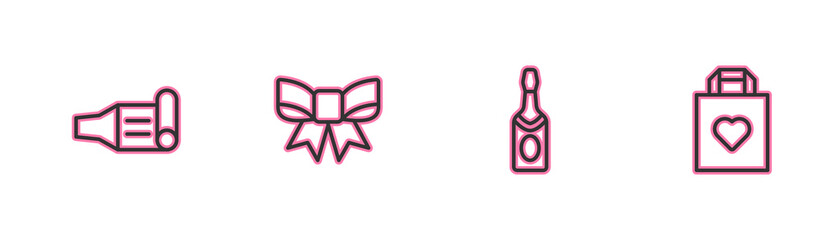 Fototapeta premium Set line Birthday party horn, Champagne bottle, Gift bow and Shopping bag with heart icon. Vector