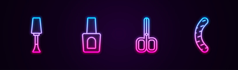 Set line Nail polish, Bottle of nail, scissors and file. Glowing neon icon. Vector