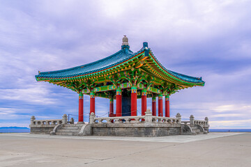 Scenic  traditional Korean design temple, gazebo, structure in the park