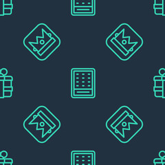 Set line Lottery ticket, King playing card and Gift box on seamless pattern. Vector
