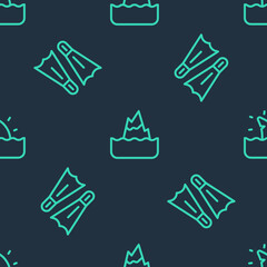 Set line Iceberg, Flippers for swimming and Shark fin ocean wave on seamless pattern. Vector
