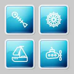 Set line Dead fish, Ship steering wheel, Yacht sailboat and Submarine icon. Vector