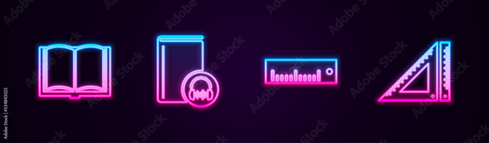 Poster set line open book, audio, ruler and triangular ruler. glowing neon icon. vector