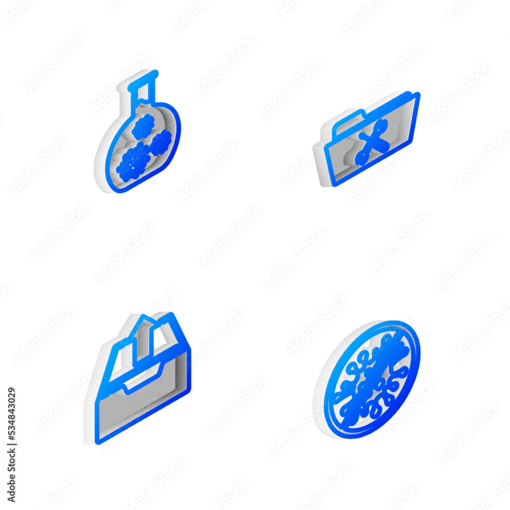 Poster set isometric line folder service, test tube with virus, upload inbox and stop bacteria icon. vector