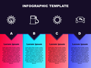 Set line Solar energy panel, Petrol or Gas station, Sun and Hydrogen car. Business infographic template. Vector