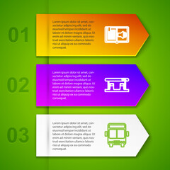 Set line Audio book, Gas filling station, Bus and Ruler. Business infographic template. Vector