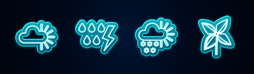 Set line Cloudy, Storm, with snow and Pinwheel. Glowing neon icon. Vector