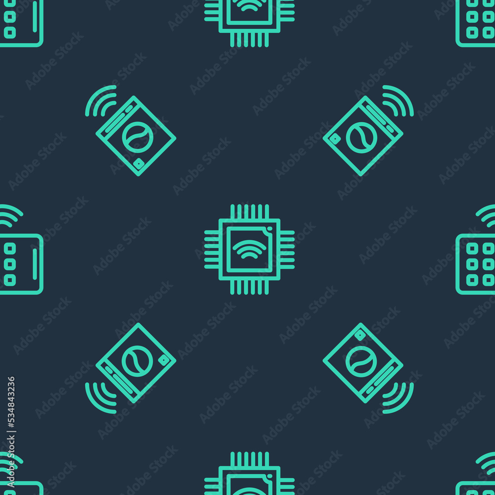 Poster set line processor with microcircuits cpu, smart washer and wireless tablet on seamless pattern. vec