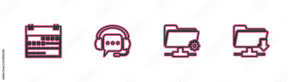 Poster set line calendar, ftp settings folder, headphones with speech bubble and download icon. vector