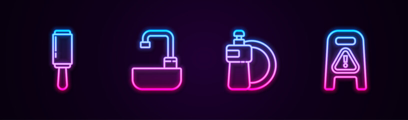 Obraz premium Set line Adhesive roller, Washbasin with water tap, Dishwashing liquid bottle and plate and Wet floor cleaning progress. Glowing neon icon. Vector
