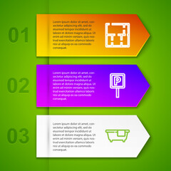 Set line House plan, Parking, Bathtub and Online real estate house. Business infographic template. Vector