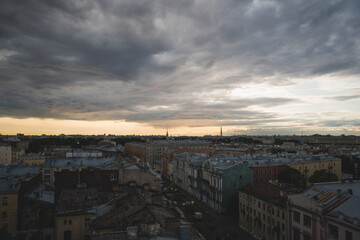 Sunset over the cityscape and skyline of Saint Petersburg, Russia