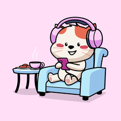 Cartoon illustration of cute cat wear a headphone sitting in the chair while playing with a smartphone and listening music