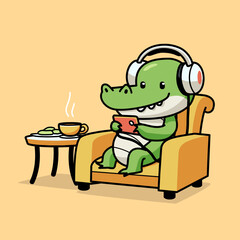 Cartoon illustration of cute crocodile wear a headphone sitting in the chair while playing with a smartphone and listening music