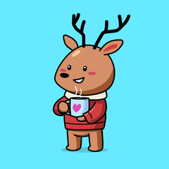 Cartoon illustration of cute deer in winter clothes holding a cup of hot drink