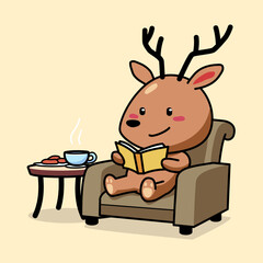 Cartoon illustration of cute deer sitting in the chair while reading a book